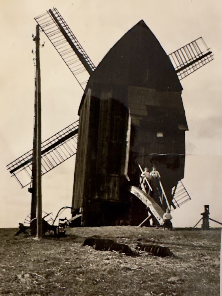 Die Bockwindmühle vor 1961 mit Müllergesellen.