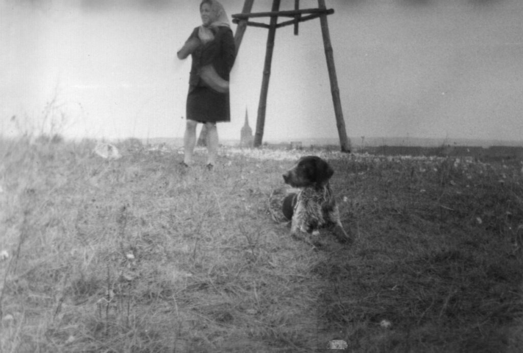 Adelheid Koch auf dem Wachtberg. Vor ihr liegt ein Hund.